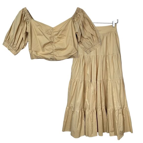 Mango MNG Off Shoulder Crop Top Flared Poplin Skirt Set XS/S New Tan Beige Maxi - Picture 2 of 14